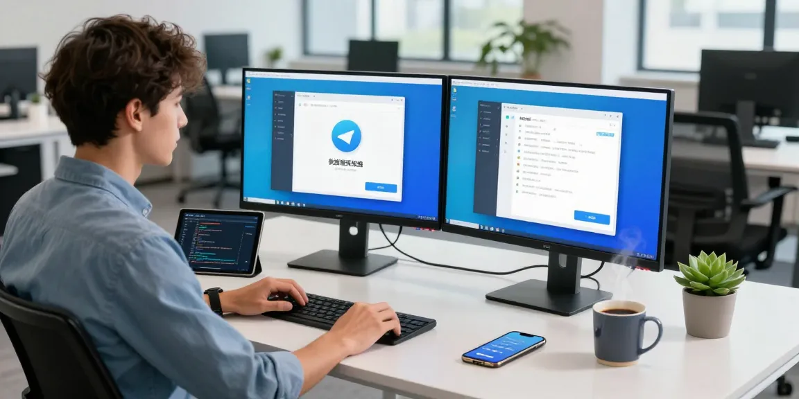 Showcase of a modern tech workspace with the Telegram app in Chinese, illustrating productivity at 纸飞机中文版官网.