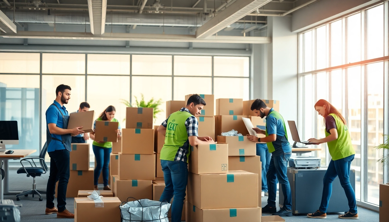 Team conducting Corporate relocation by packing office equipment in a bright environment.