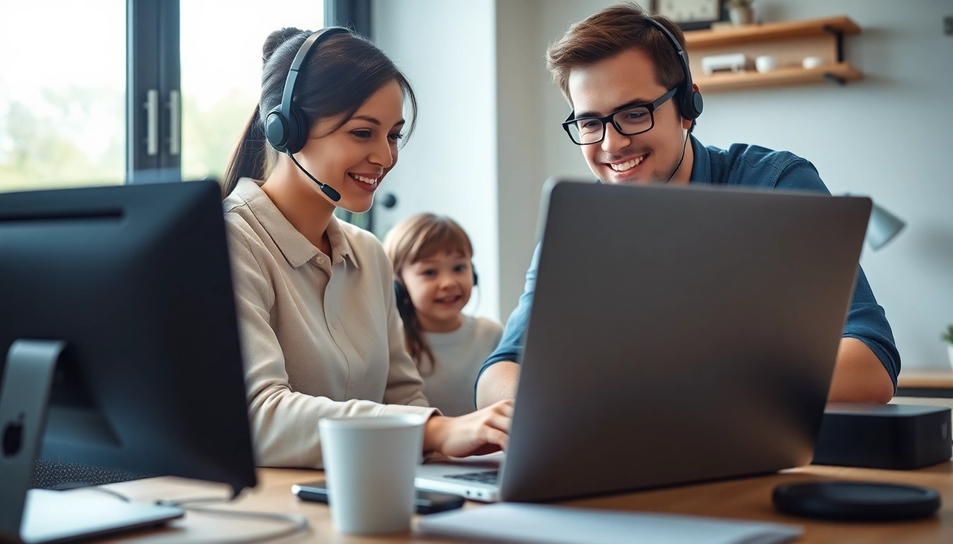 Residential IT support technician helping a family troubleshoot technology issues in their cozy home office.