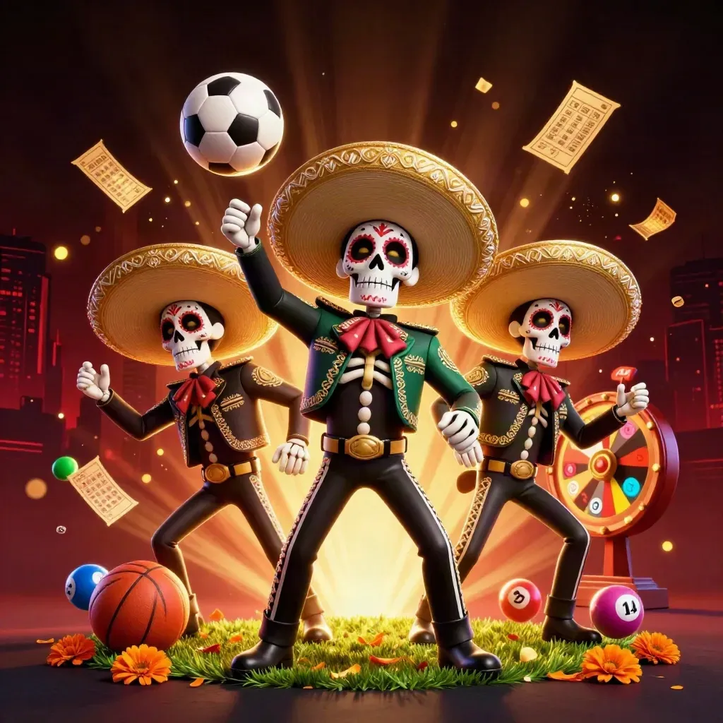 Skeleton mariachi trio with casino game props, soccer ball, and dramatic neon lighting.