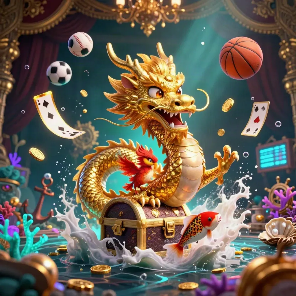 Golden dragon, phoenix and koi amid underwater casino treasure glow, coins, cards and sports balls.