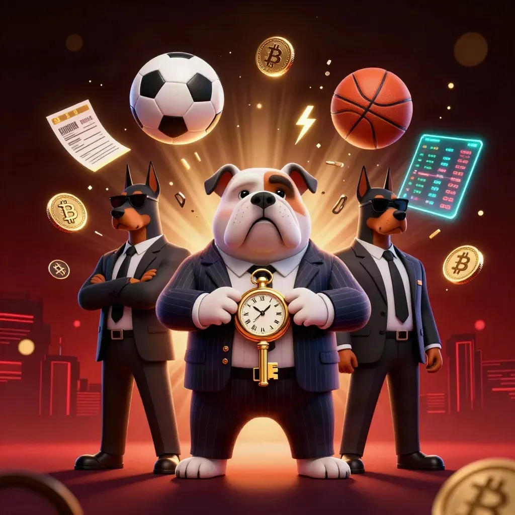Cartoon bulldog boss and Dobermans amid glowing coins, balls, and casino effects on a dark red backdrop.