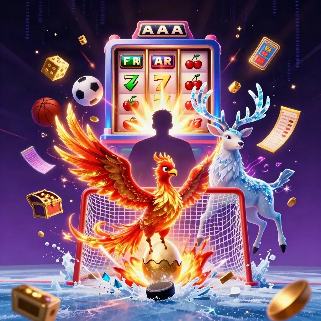 Fire phoenix, stag, slot machine, gold dice, and hockey ice spray in a neon casino fantasy scene.