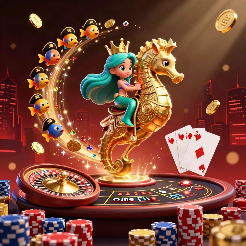 Turquoise-haired mermaid princess on an armored seahorse amid casino coins, cards, chips, and glowing lights.