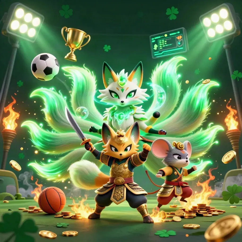 Nine-tailed fox spirit and golden samurai mouse amid coins, balls, trophy, and emerald casino glow