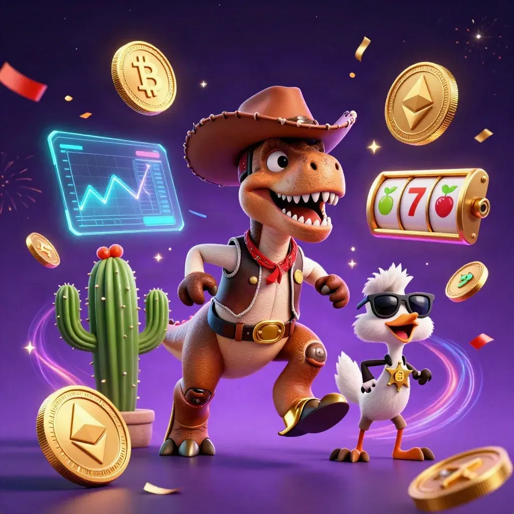 Cowboy T-Rex trio with casino coins, lightning, fireworks, and neon energy.