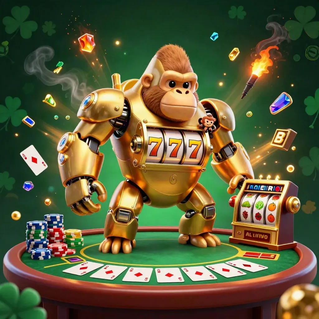 Golden gorilla slot-mech with monkey pilot, poker chips, aces, emerald casino glow.
