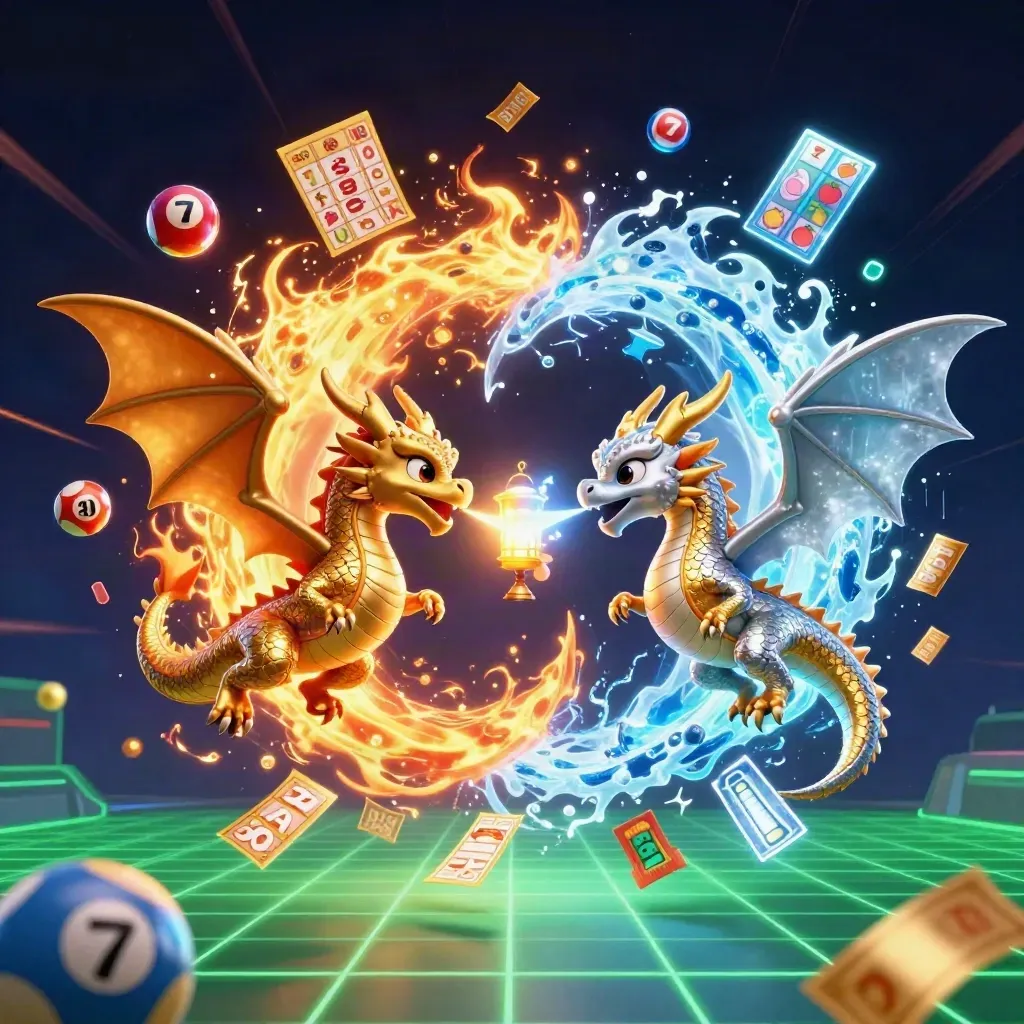 Gold and silver dragons whirl around a lantern spirit with casino props and emerald neon energy.