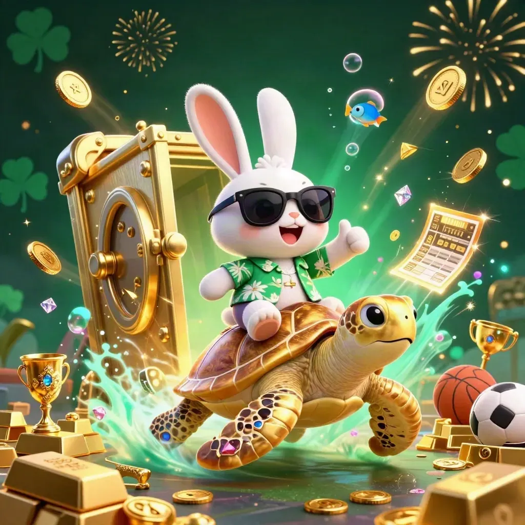 Lucky rabbit riding a golden sea turtle amid casino treasure, glowing coins, and fireworks.