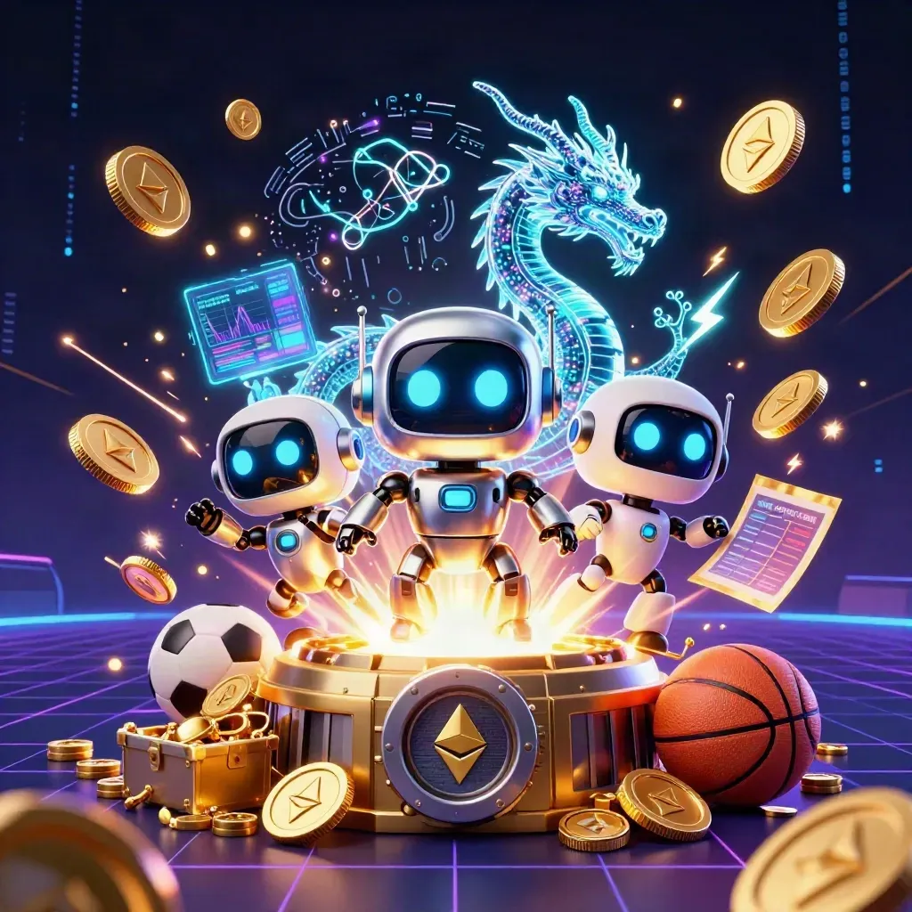 Cyberpunk robot, holographic dragon, drone, coins and sports props bursting in neon dark.