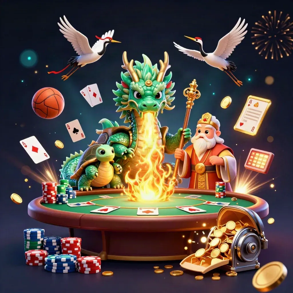Emerald dragon, sage turtle, and cranes amid gold coins, poker props, fireworks, and neon casino glow.