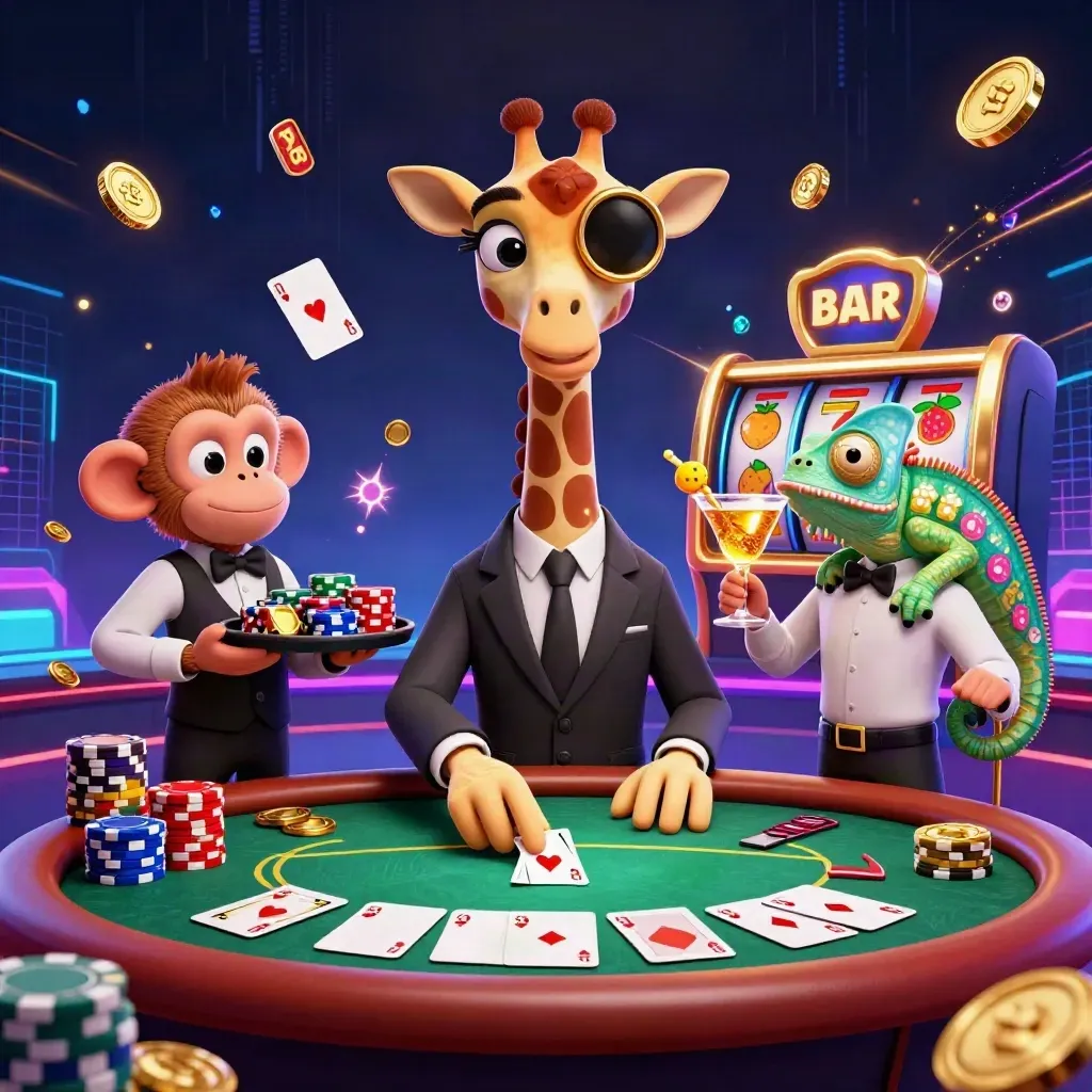 Giraffe, monkey, and chameleon in a flashy casino scene with chips, cards, roulette, and neon effects.