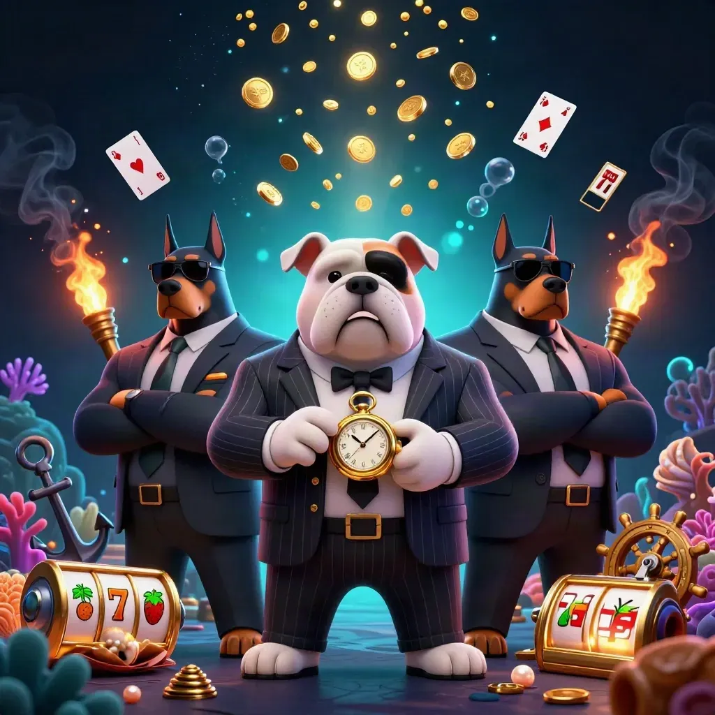 Mafia bulldog and two Dobermans amid casino treasure, coins, coral, reels, and glowing particles.