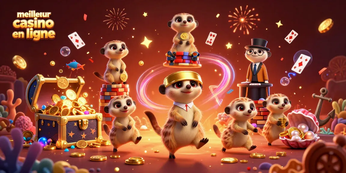 Illustration de suricates gérant le meilleur casino en ligne, avec confettis et éléments de jeu.