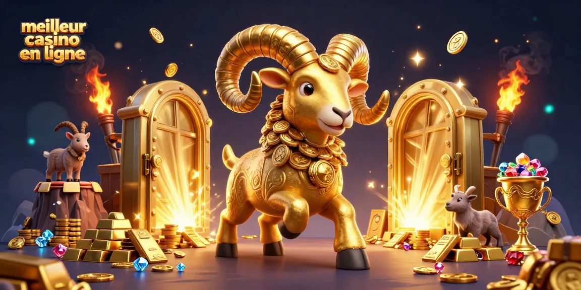 Illustration d'un meilleur casino en ligne avec un bélier doré et des trésors scintillants.