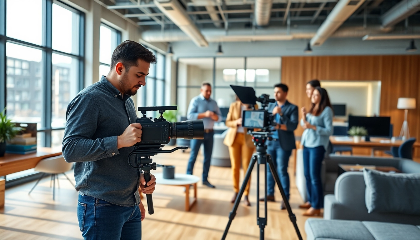 Capture engaging corporate video production moments showcasing teamwork and creativity in a modern office.