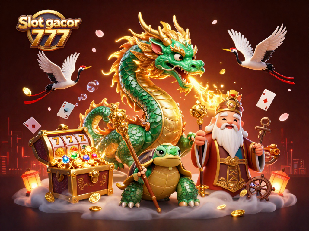 Spin the slot gacor 777 with a vibrant 3D scene featuring a jade dragon and lucky symbols.