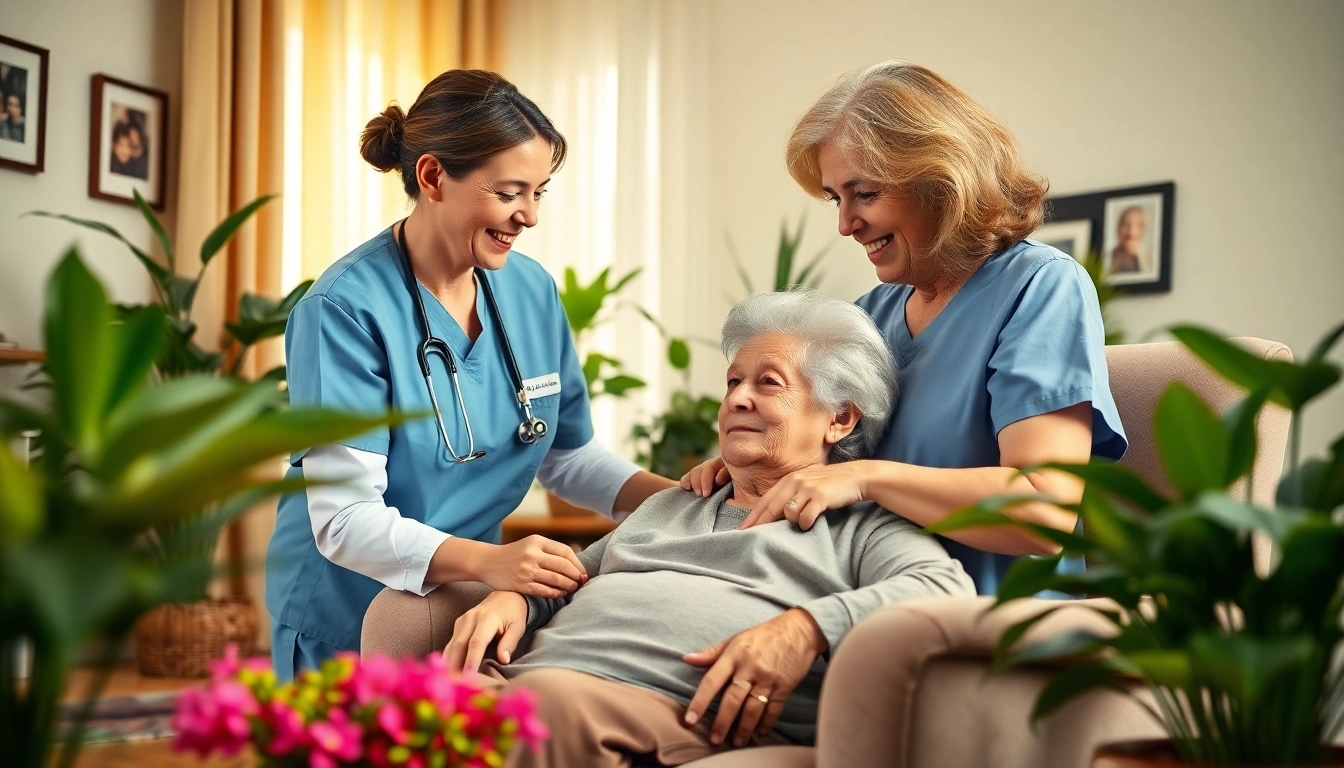 Caring professional provides in home care near me to an elderly woman in a comfortable home setting.