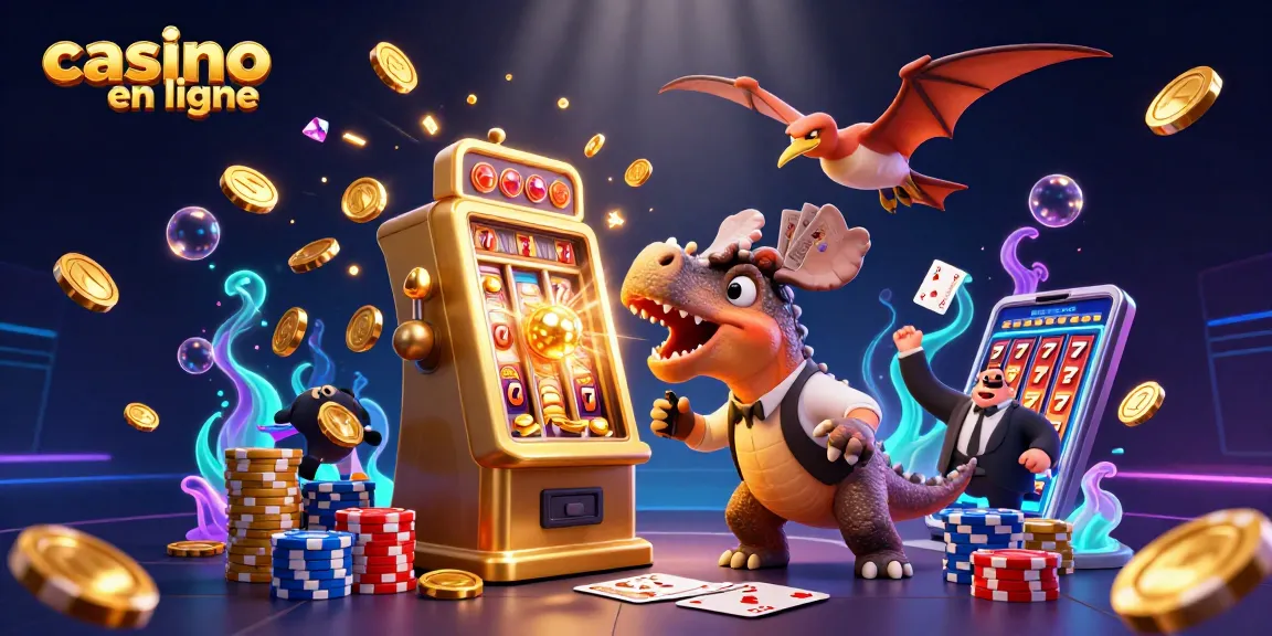 Profitez des jeux de casino en ligne avec une illustration dynamique de dinosaures gagnant des jackpots.