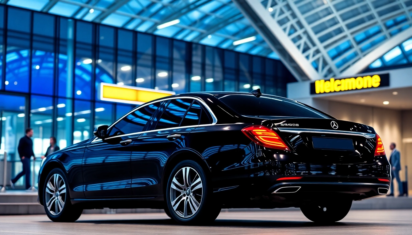 Experience quality airport black car service with a luxury sedan at a modern airport terminal.