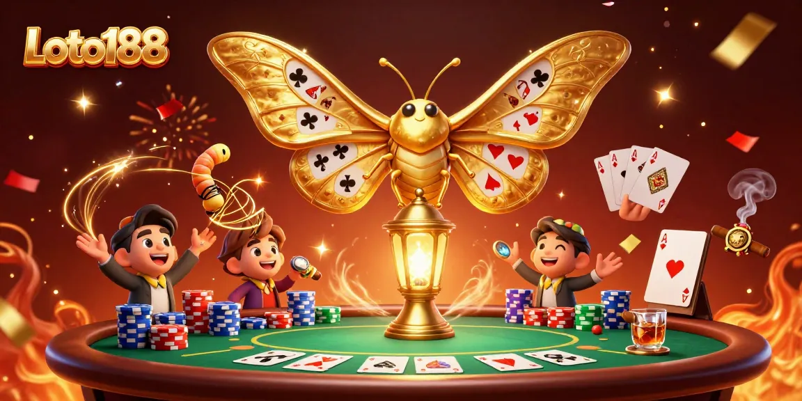 Loto188 invites you to experience captivating casino gaming with a stunning illustration of a lavish moth and vibrant game elements.