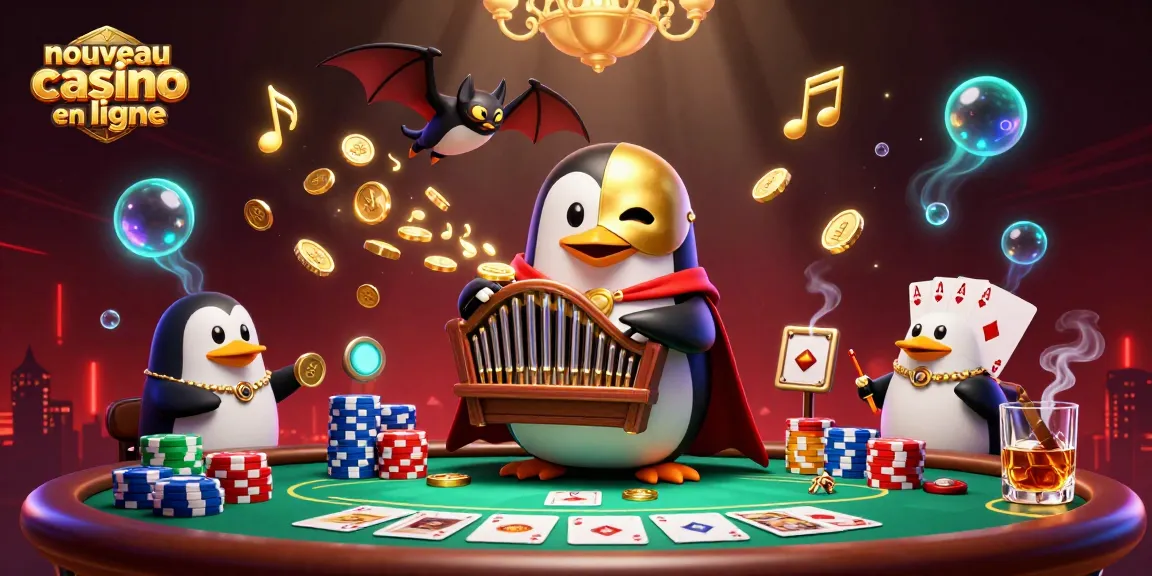 Illustrez le concept de nouveau casino en ligne avec un pingouin et de la musique dorée.