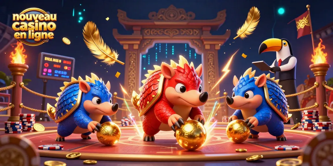 Les pangolins en compétition au nouveau casino en ligne, jonglant avec des pièces d'or et des jetons de poker.