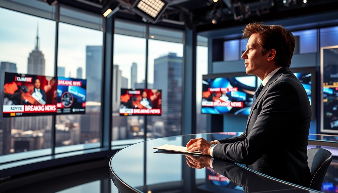 Engaging news broadcast from a professional anchor in a high-tech studio setting.