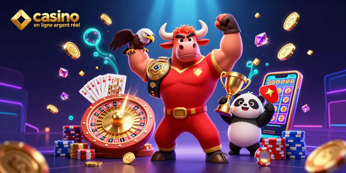 Vivez l'excitation des jeux avec casino en ligne argent réel, un mascotte dynamique dans un cadre de casino coloré.