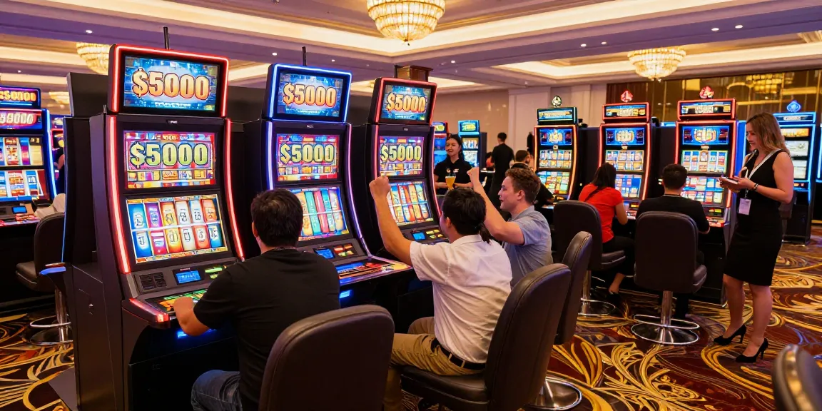 Exciting casino scene showcasing slot 5000 machine action with diverse players celebrating wins.