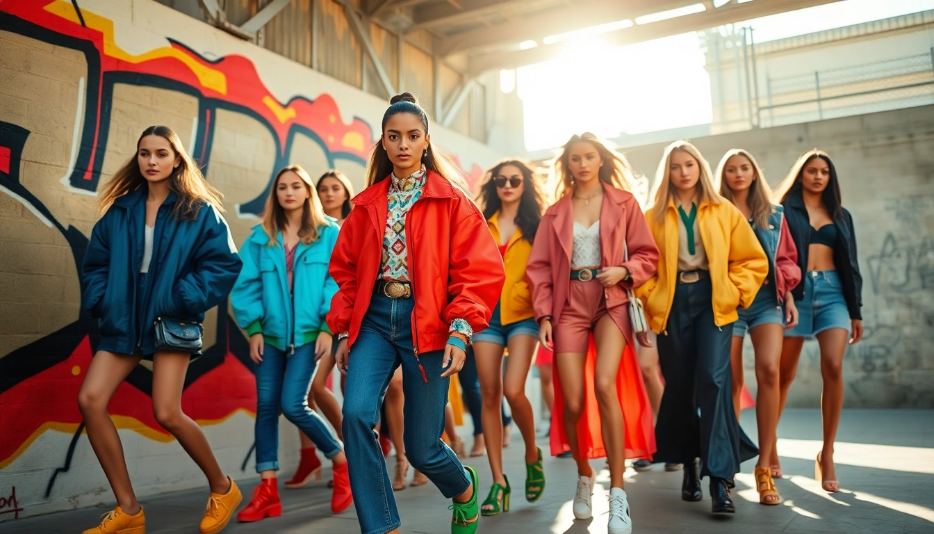 Fashion models display vibrant outfits and accessories in an urban setting.
