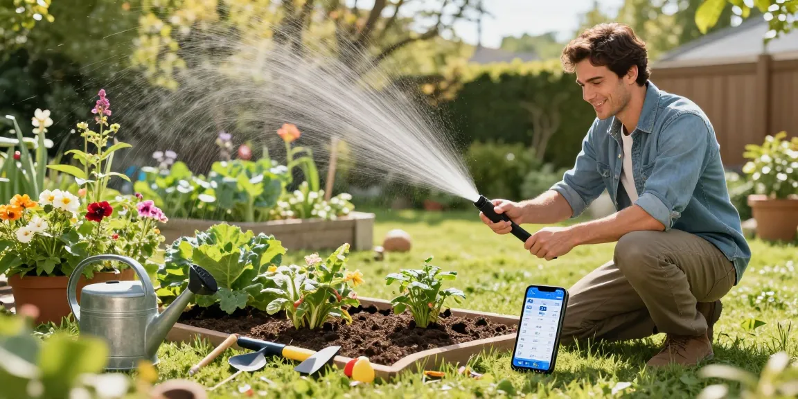 Gardener using a rainpoint sprinkler timer in a vibrant garden setting.