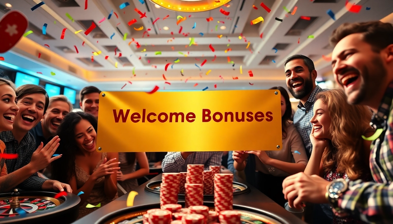 Celebrate with welcome bonuses in a lively casino scene filled with cheerful players and confetti.