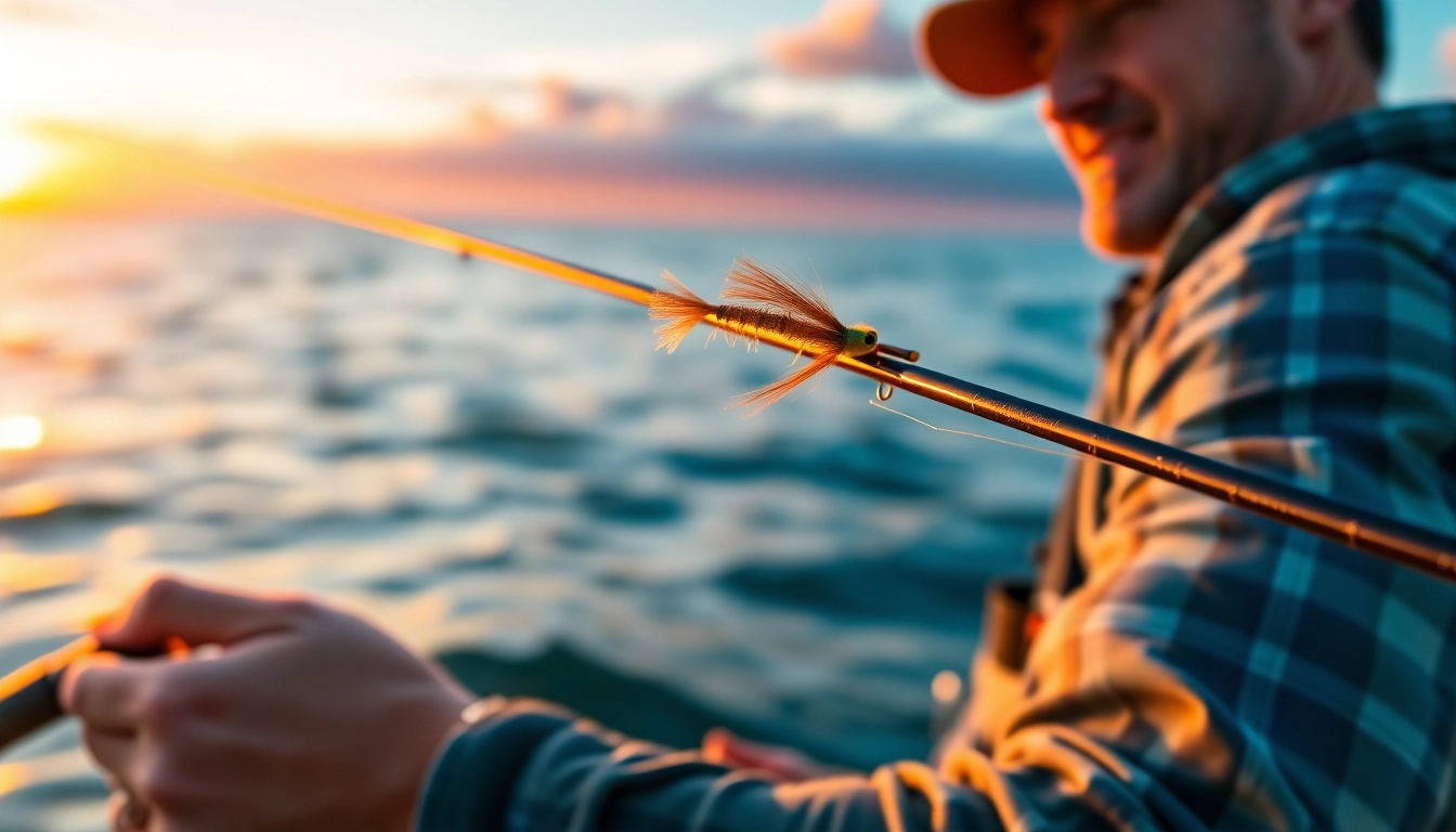 Angler casting a line in saltwater fly fishing during a vibrant sunrise.