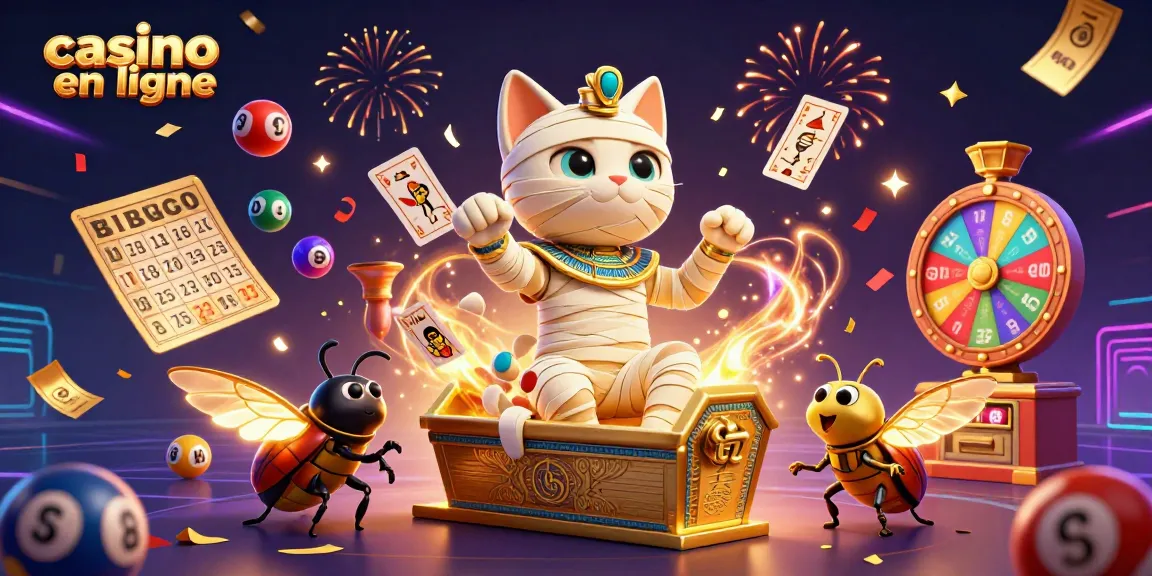 Explorez le casino en ligne avec une illustration dynamique d'un chat momie et jeux colorés
