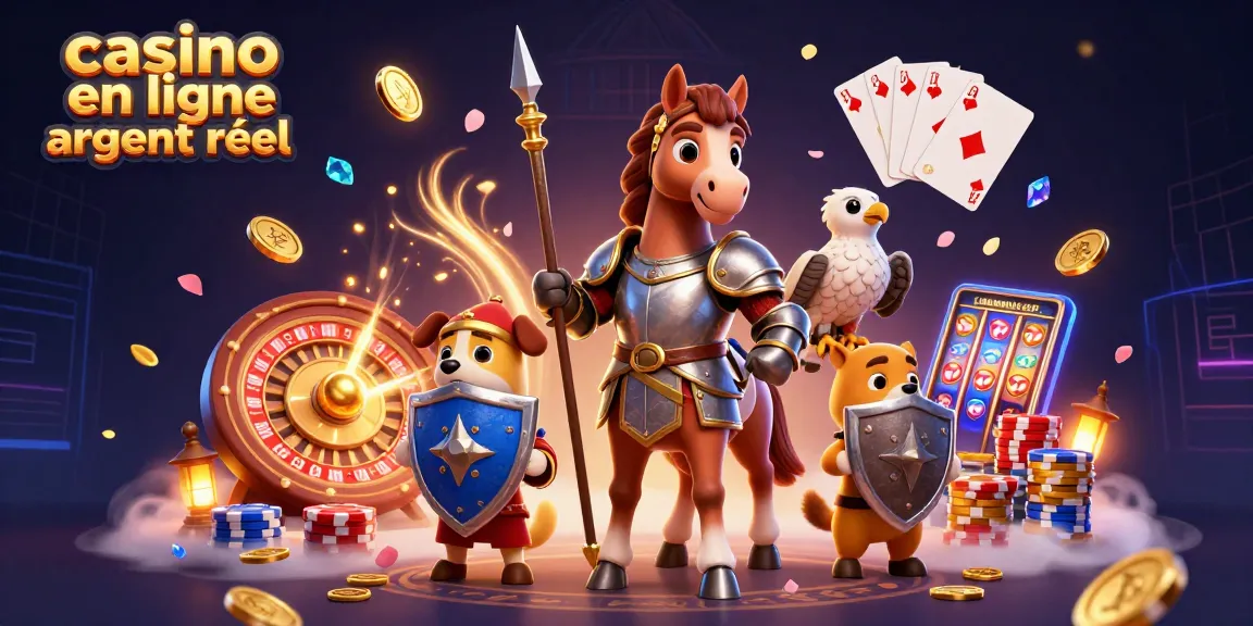 Illustration dynamique d'un casino en ligne argent réel avec un chevalier, un chiot et un faucon, entourés de pièces dorées et de jeux
