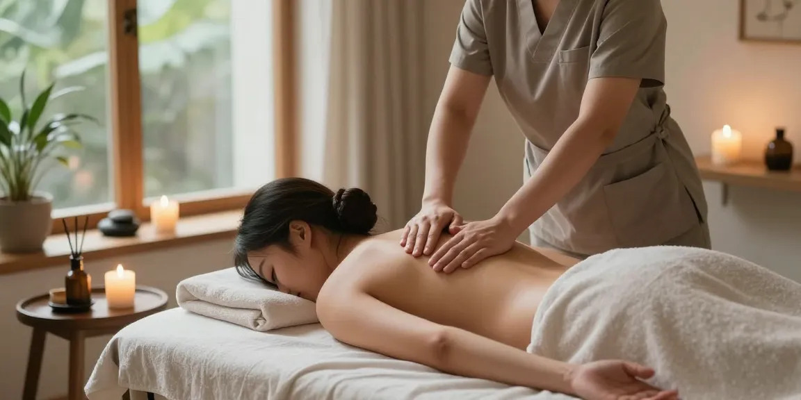 마사지 테라피를 받는 고객과 아로마 테라피가 어우러진 평온한 스파 장면