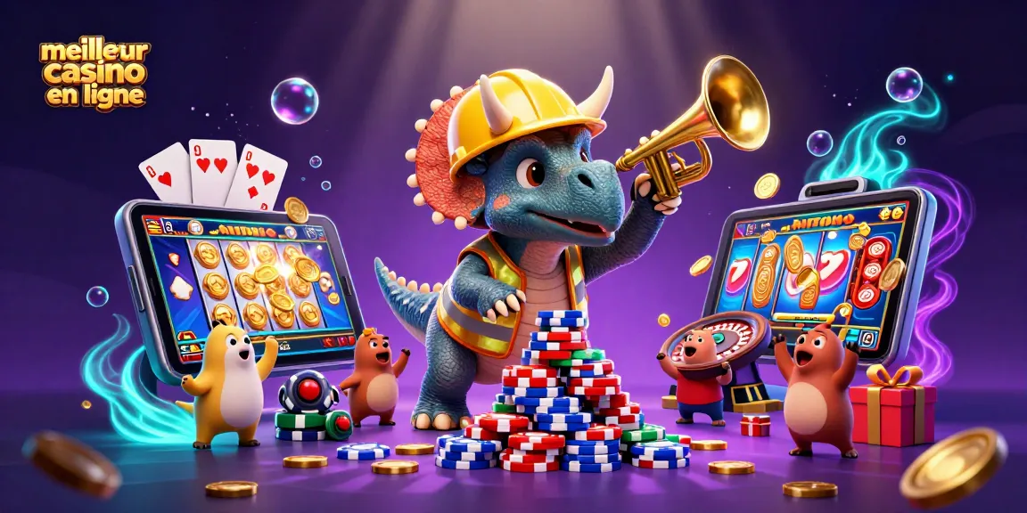 Jouer dans le meilleur casino en ligne avec un triceratops construisant une pyramide de jetons de poker.