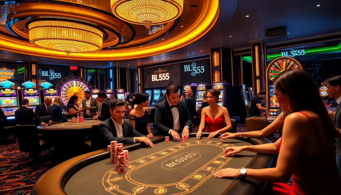 Experience the thrill of BL555 with vibrant casino action featuring poker tables, roulette wheels, and slot machines.