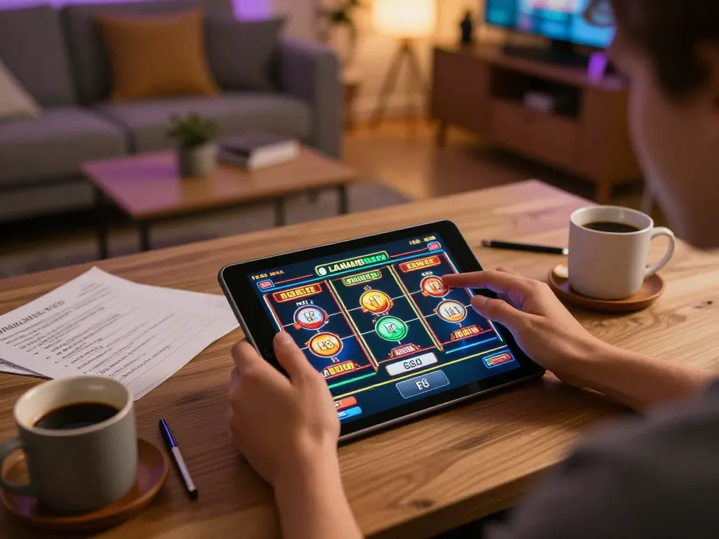 FAFA828 player enjoying online slots in a cozy setup with a tablet and strategic notes