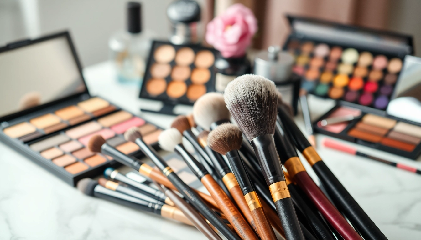 Use makeup blending brushes for flawless application on a vibrant vanity.