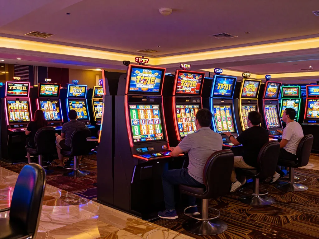 Players engaging with vibrant slot777 machines, captivated by the thrill of spinning reels in a lively casino.