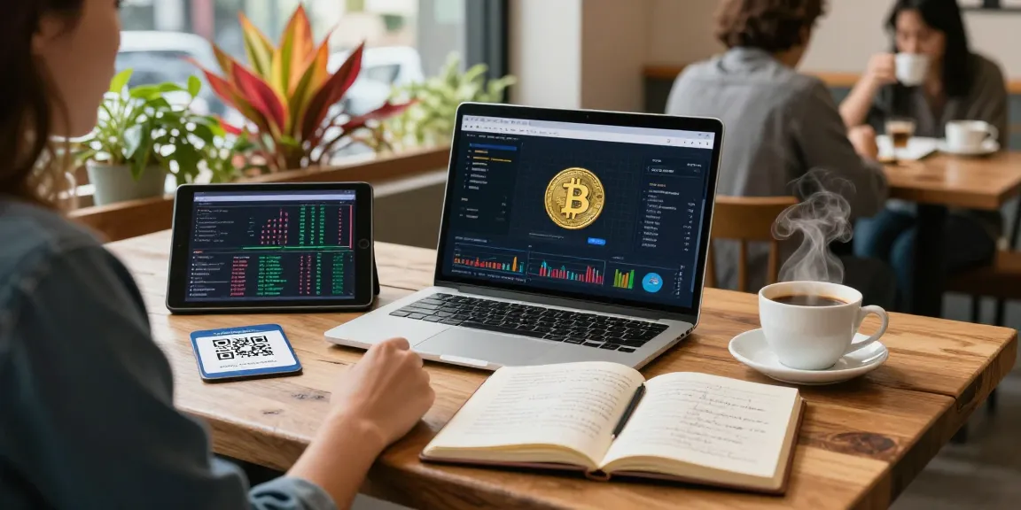 Mining bitcoin online tutorial scene in coffee shop with crypto tools and market data.
