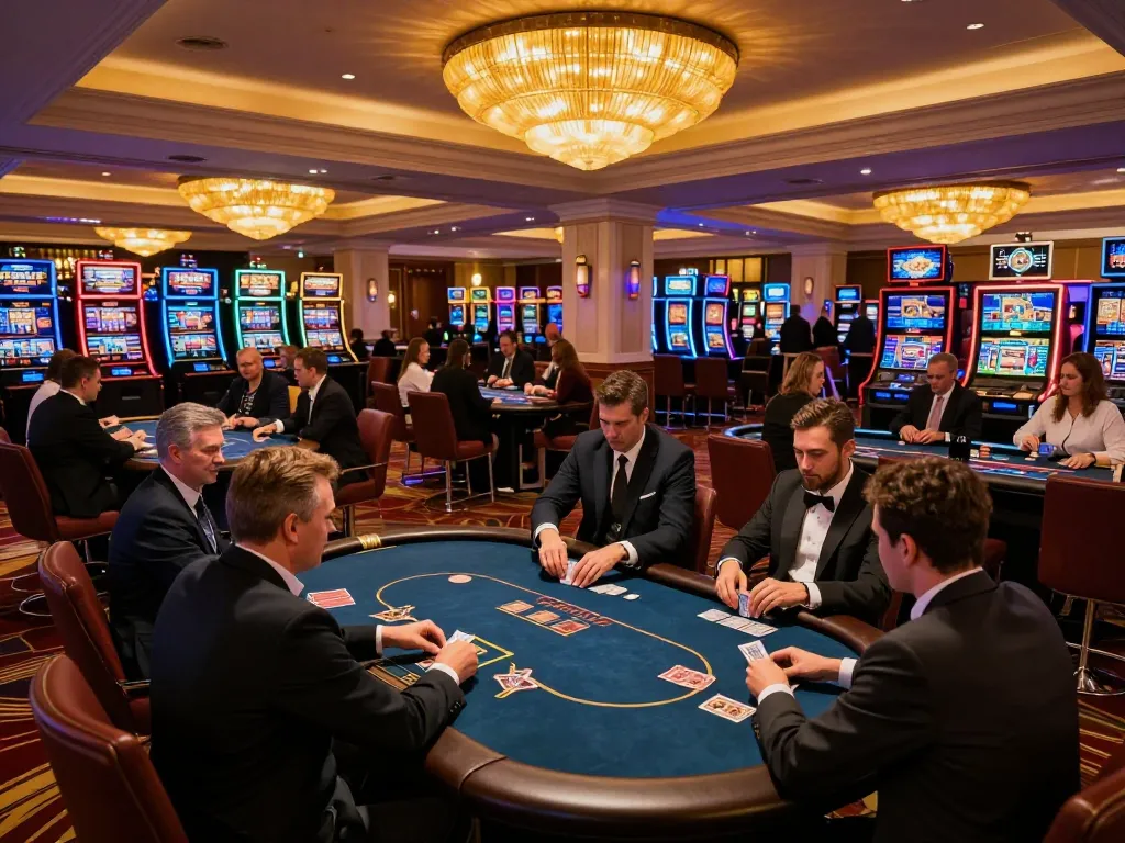 Players enjoy intense poker action at MM 88 casino, vibrant lights and warm atmosphere.