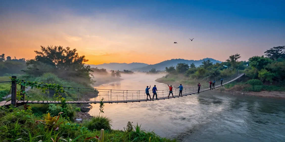 Adventurers crossing a stunning river rope bridge surrounded by lush greenery and a vibrant sunrise.