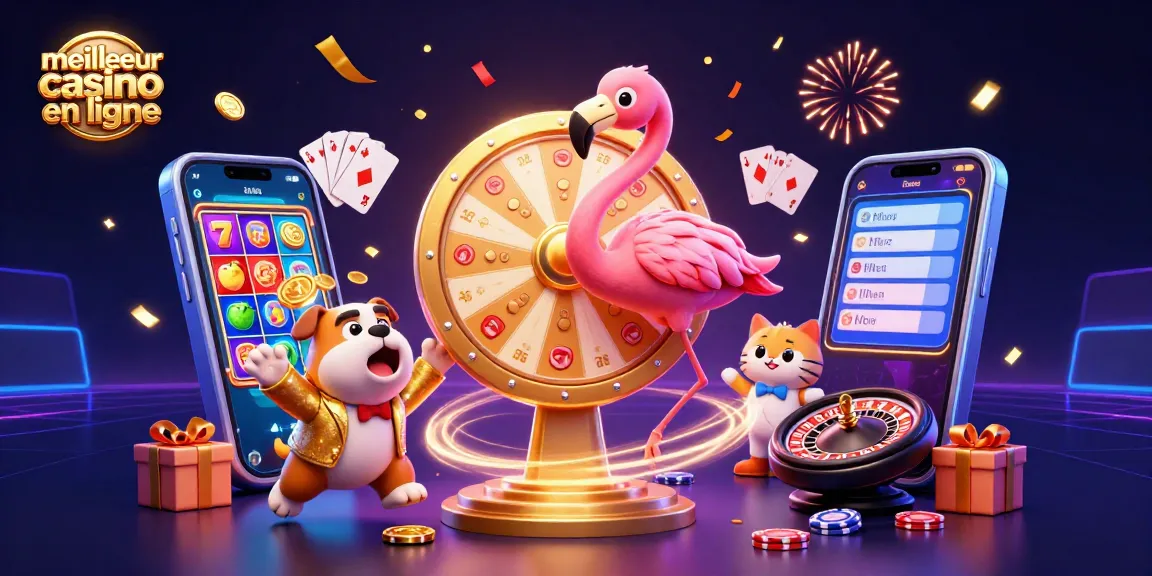 Illustration dynamique du meilleur casino en ligne avec un flamant rose hôte, un bulldog et un chat assistant.