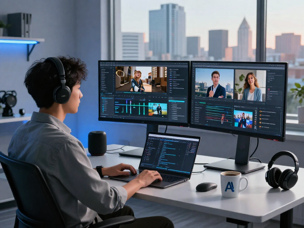 Detect AI image results on dual monitors in a modern workspace with AI content moderator.