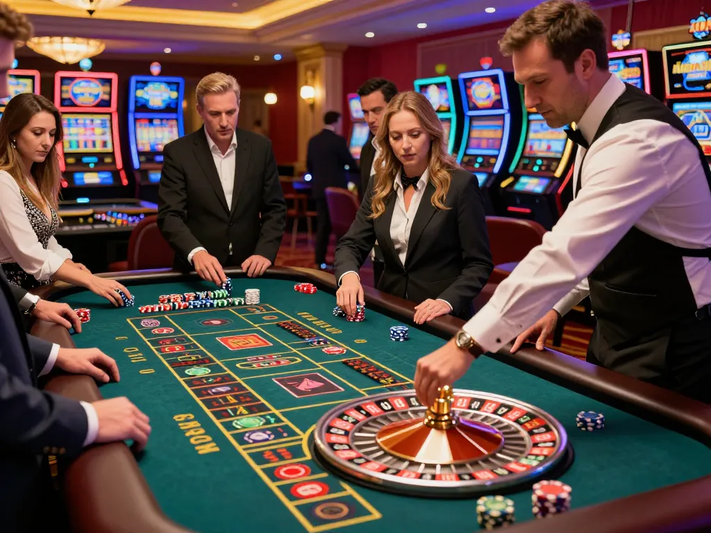 Players placing bets at a lively roulette table in a vibrant casino setting at 388bet