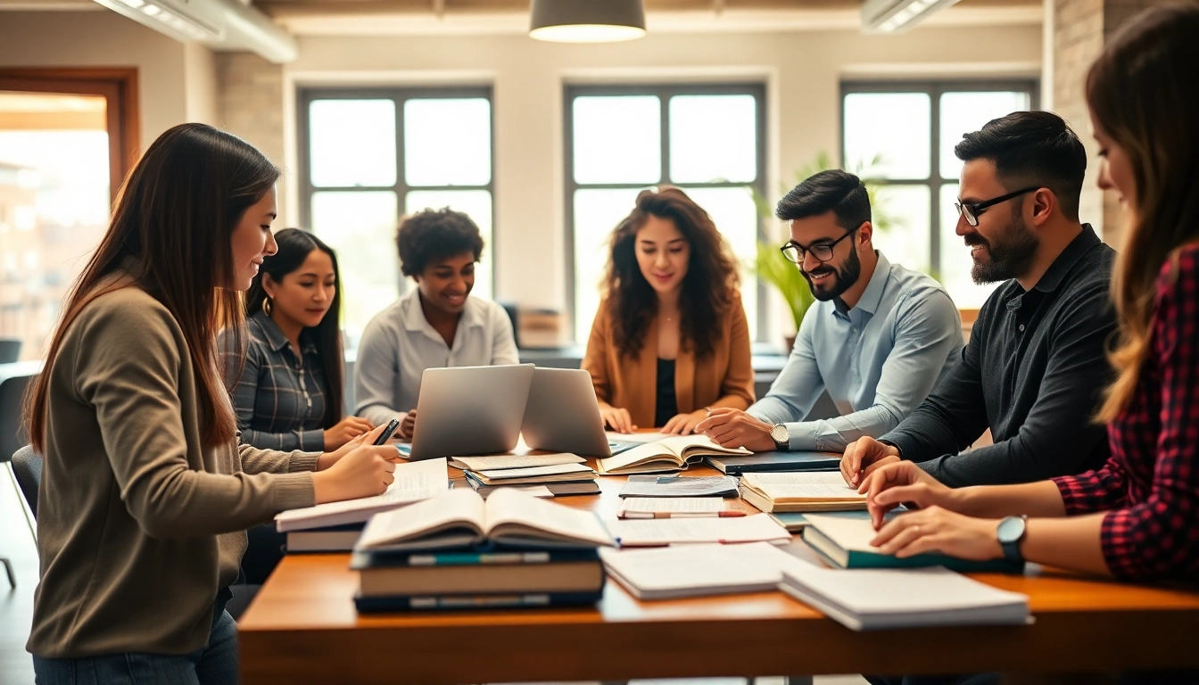 PMP exam support group studying in a bright and collaborative environment.