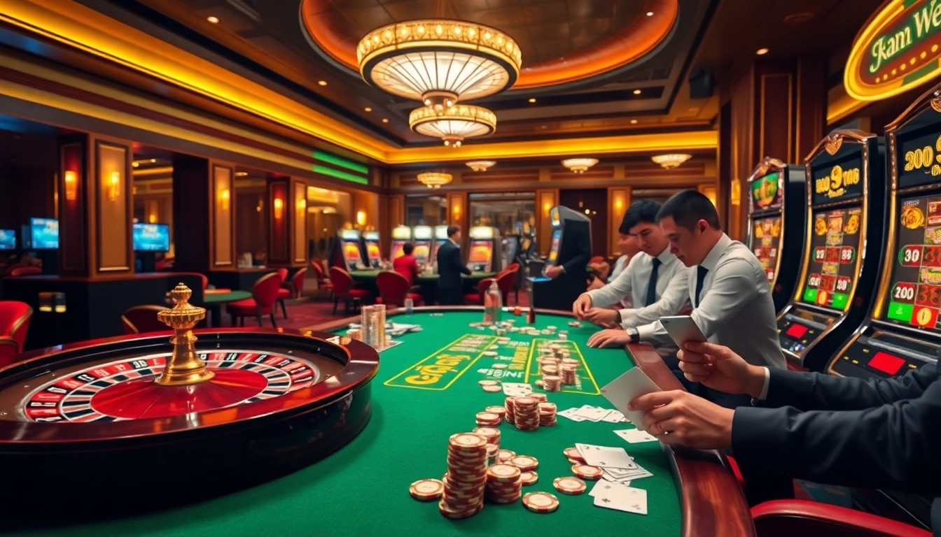 A thrilling casino experience showcasing gamblers at tables with options available at https://fnew88.com/ for excitement and luxury.